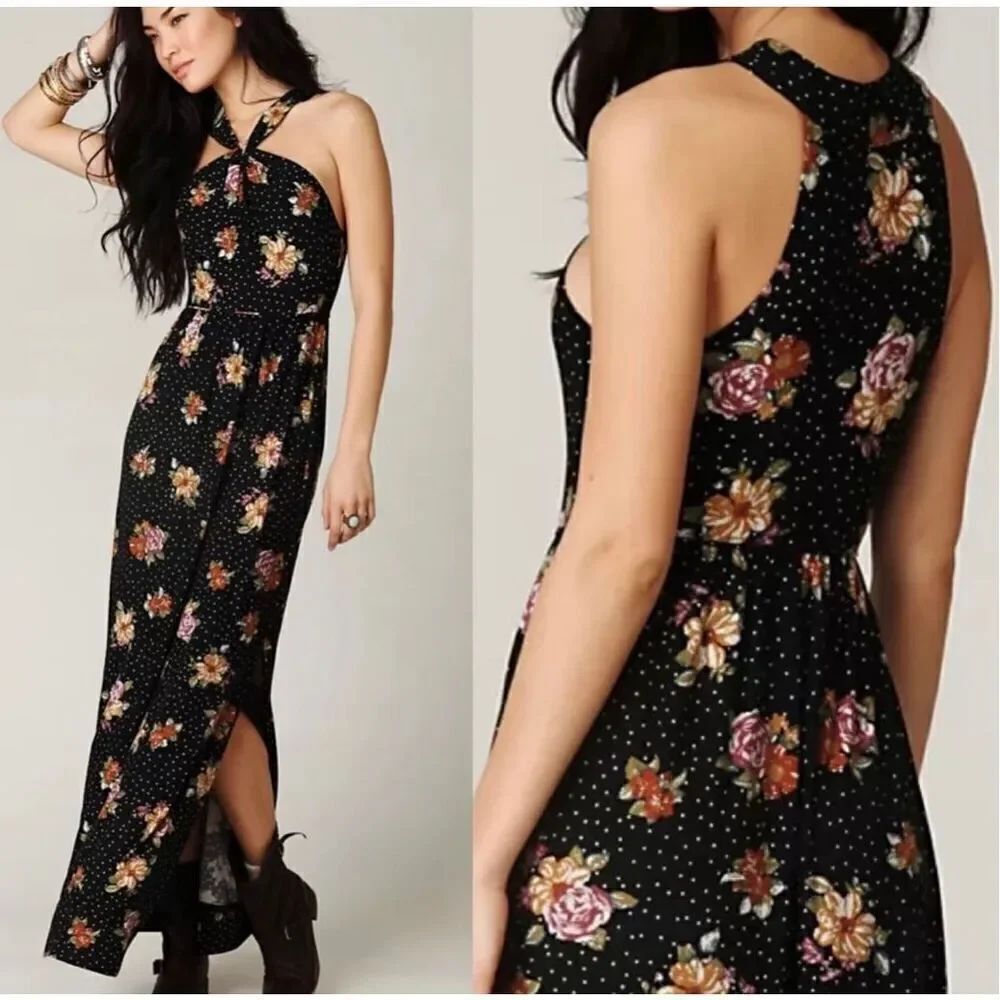 Free People Women's Maxi Dress Size SP Floral Print Sleeveless Cross Straps Boho